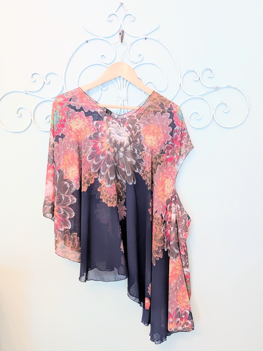 Floral Asymmetric Women’s Top - Navy with Coral Blooms